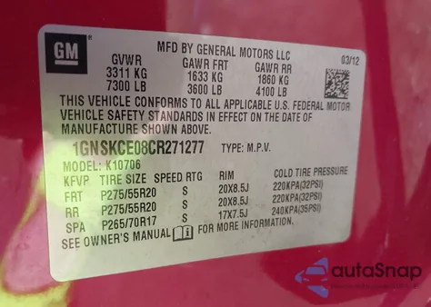 2012 Chevrolet Tahoe K1500 Ltz из США, поврежденный, VIN 1GNSKCE08CR271277